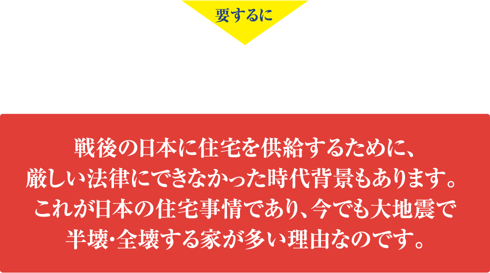 要するに
	木造在来工法の構造強度にはたったこれだけの規定しかなく、木造住宅は構造計算しないで建ててもよい建物なのです。
	戦後の日本に住宅を供給するために、厳しい法律にできなかった時代背景もあります。 
	これが日本の住宅事情であり、今でも大地震で半壊・全壊する家が多い理由なのです。